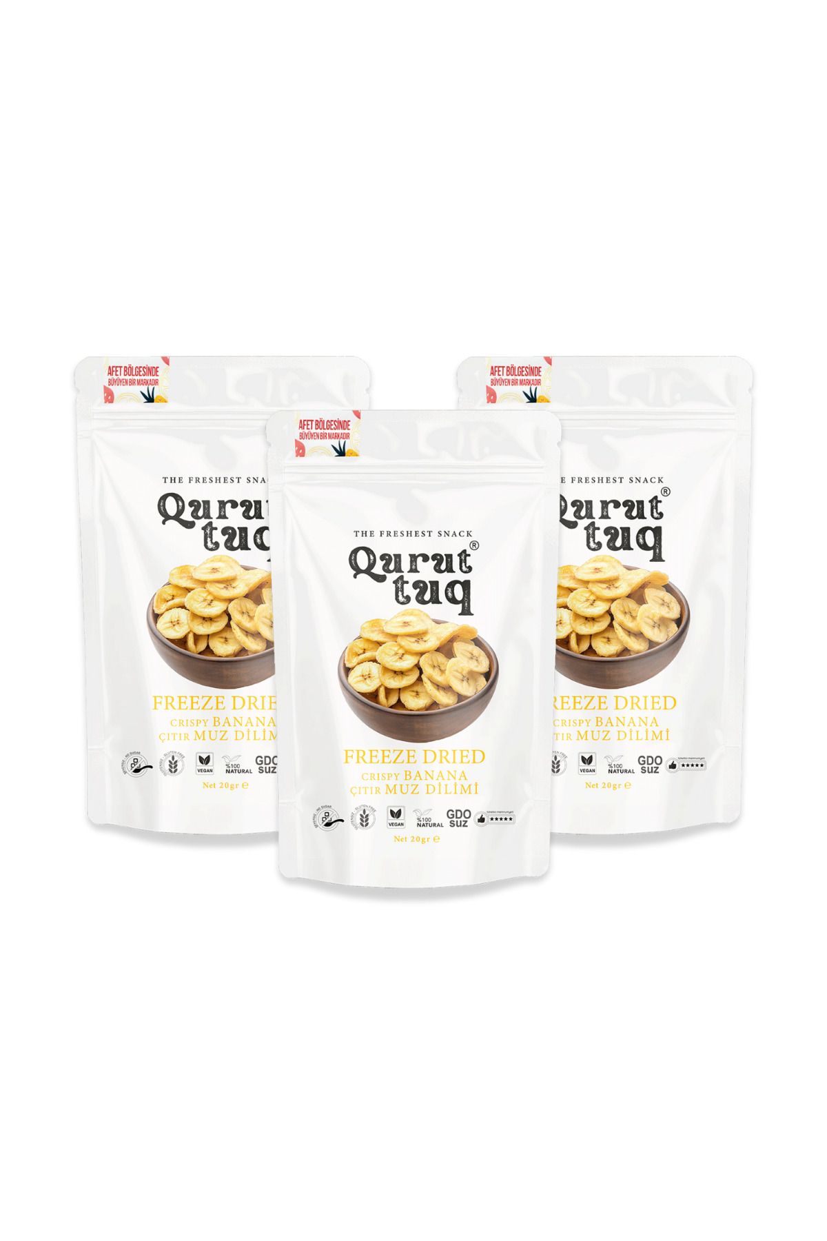 QuruttuQ 3'lü Paket Freeze Dried-Dondurularak Kurutulmuş Çıtır Muz Dilimi 3x20gr Katkısız-Şeker İlavesiz