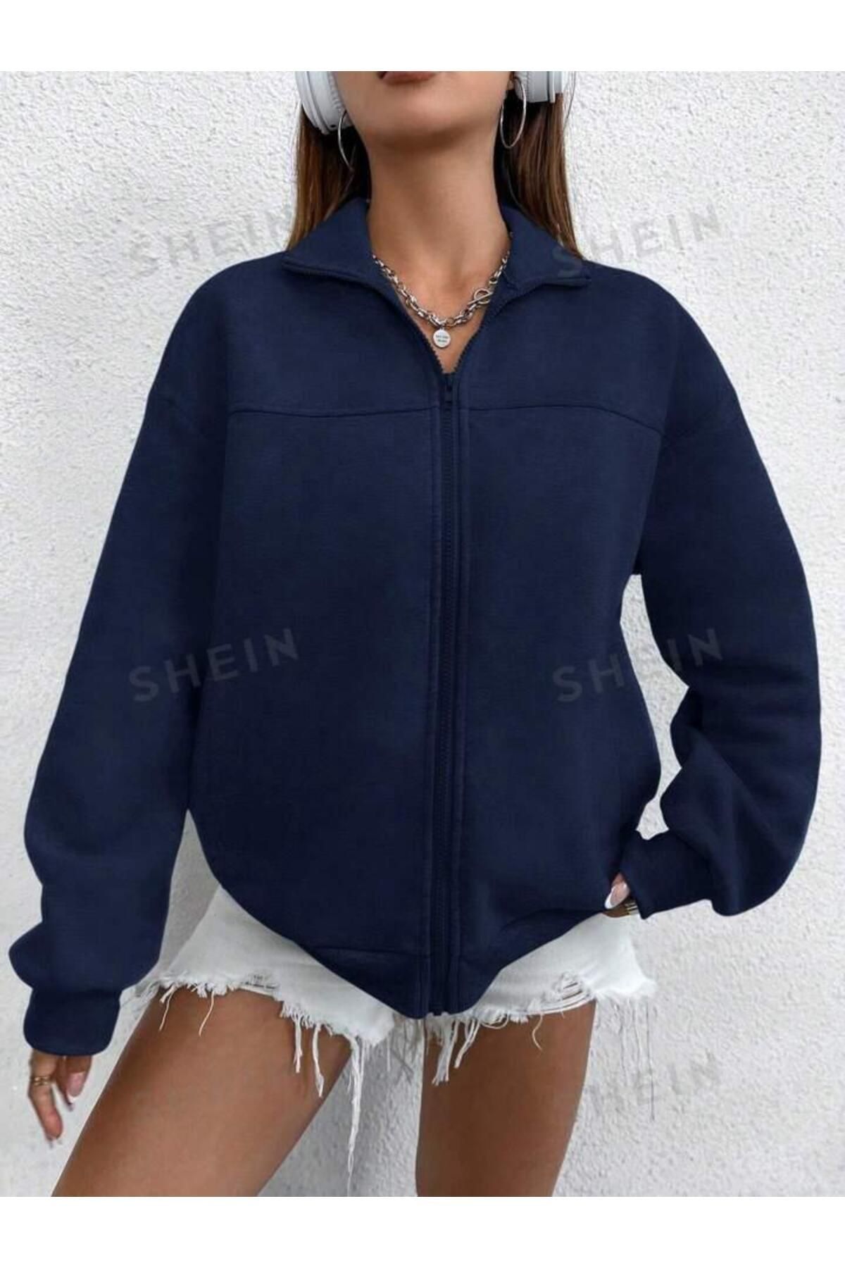 Charme Elegant Unisex Büyük Beden Fermuarlı Oversize Kışlık Dik Yaka Hırka Hoodie