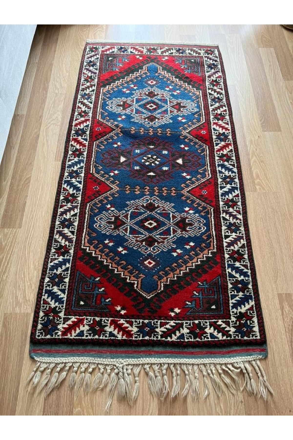 DesignEv 88x174 cm Vintage Mavi Halı, El Dokuma Renkli Oryantal Kilim, Mavi-Kırmızı Nostaljik Uşak Halısı