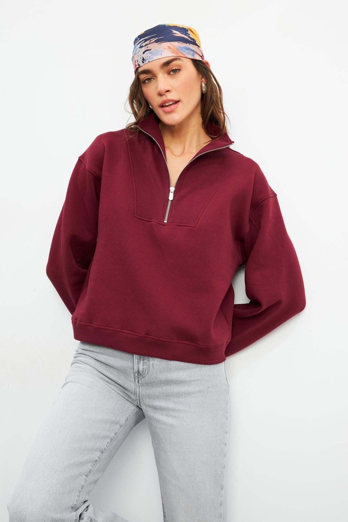 VENA Marina Yarım Fermuarlı Pamuklu Sweatshirt - BORDO