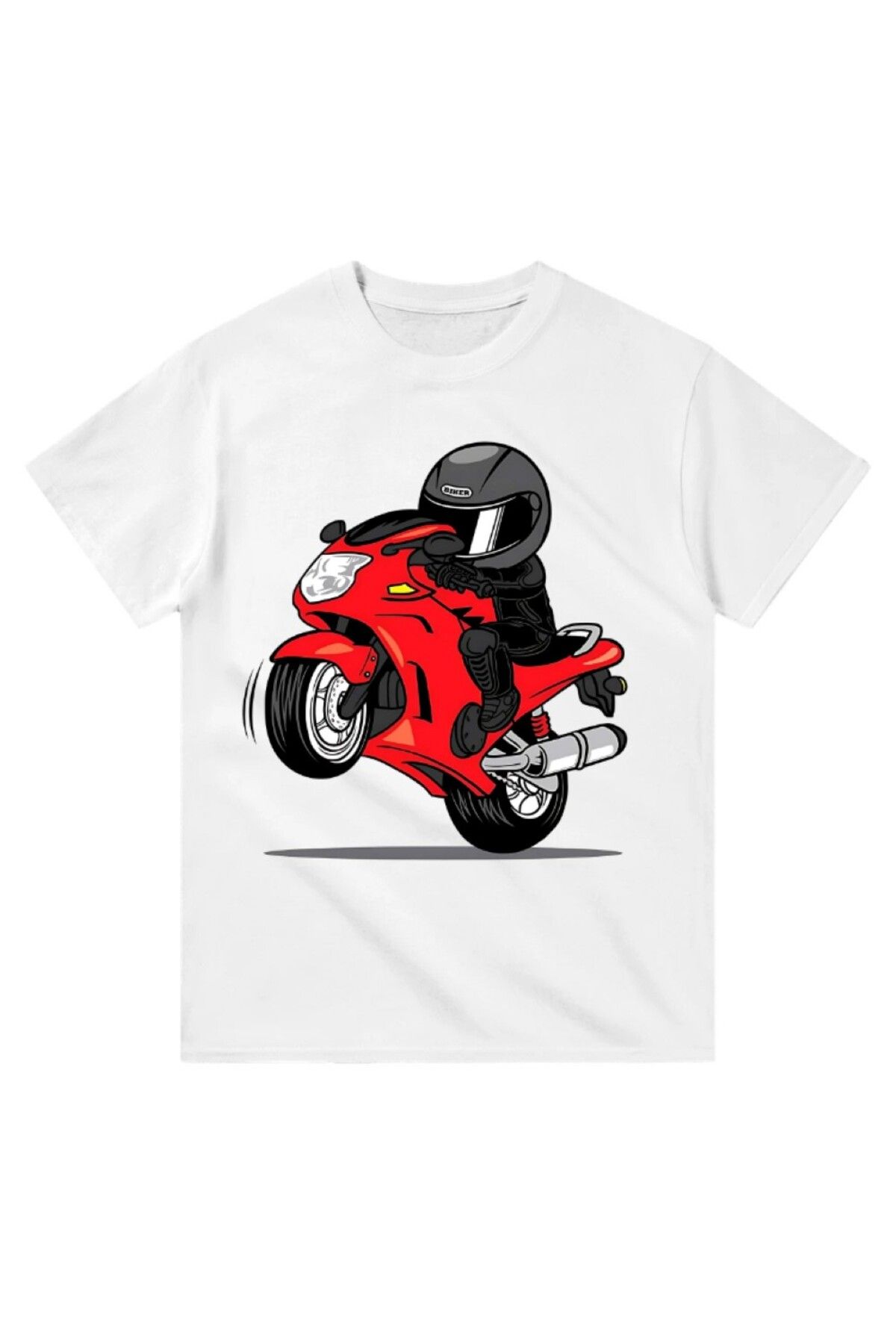 Cooqpoo Kırmızı Motorsikletli Adam Baskılı XS-S-M-L-XL-2XL Beden Kadın Erkek Unisex Pamuklu Beyaz Tshirt