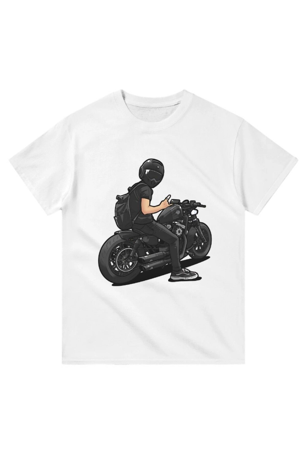 Cooqpoo Havalı Motorsikletli Adam Baskılı XS-S-M-L-XL-2XL Beden Kadın Erkek Unisex Pamuklu Beyaz Tshirt