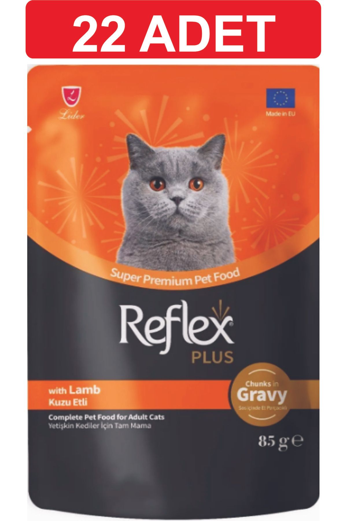 Reflex Gravy Sos İçinde Et Parçacıklı Kuzu Etli Yetişkin Kedi Maması 22 adet x 85 gram