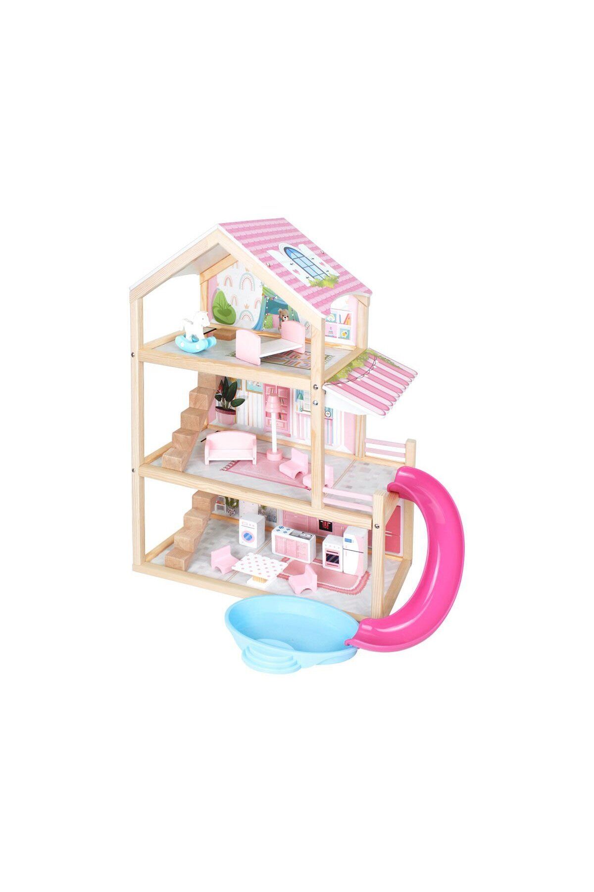 NillyToys T2010 Ahşap Kaydıraklı Ev 3 Katlı -Okutan Hobi