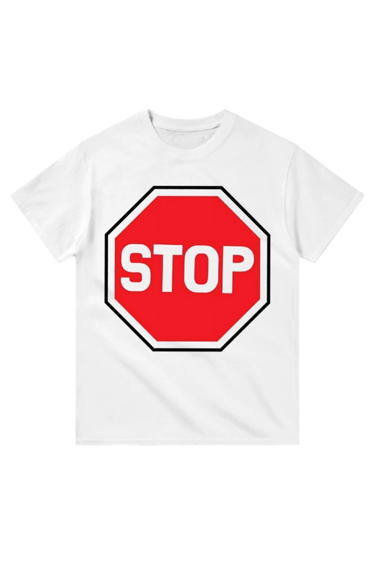 Cooqpoo Kırmızı STOP Tabelası Baskılı XS-S-M-L-XL-2XL Beden Kadın Erkek Unisex Pamuklu Beyaz Tshirt