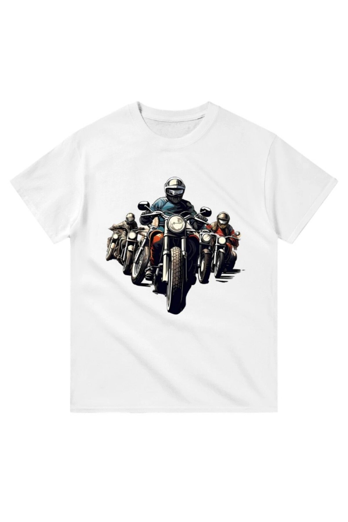 Cooqpoo 5 Motorlu Adam Baskılı XS-S-M-L-XL-2XL Beden Kadın Erkek Unisex Pamuklu Beyaz Tshirt