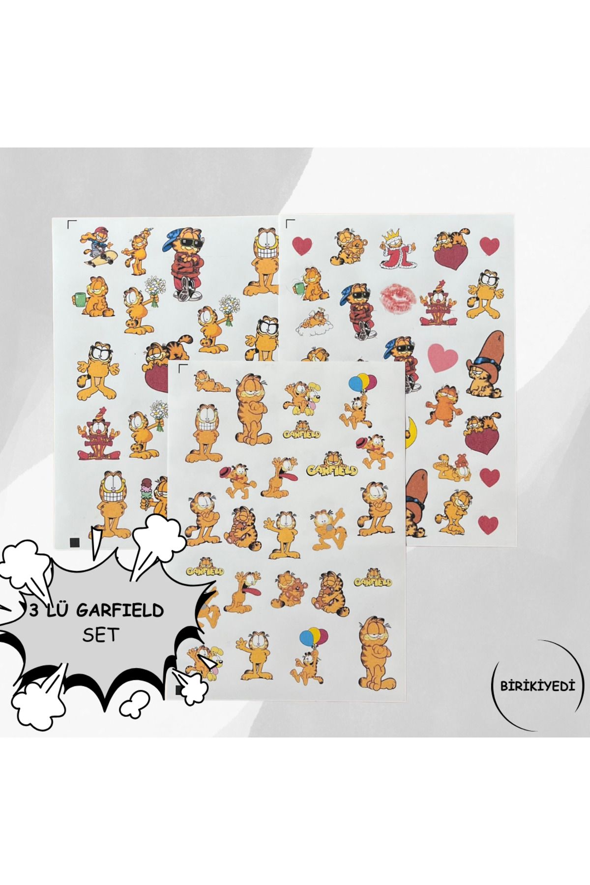 birikiyedi 3 lÜ Garfield Set Sticker Telefon Laptop Notebook Tablet Defter Matara Etiket