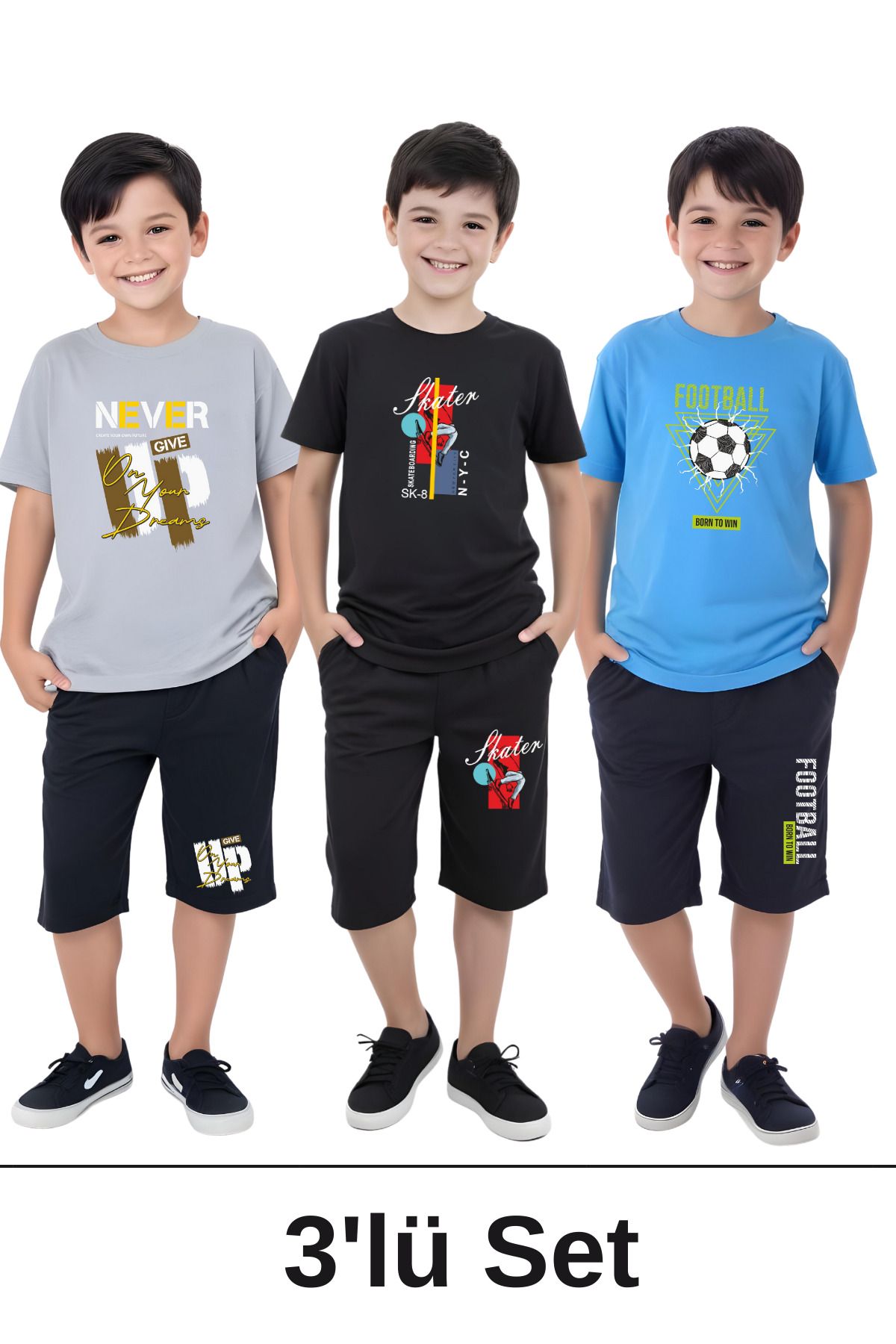 panios kids-3-Piece Never-Skater-Football Printed Boys' Short Sleeve Double Pocket Capri Bottom-Top Suit 1