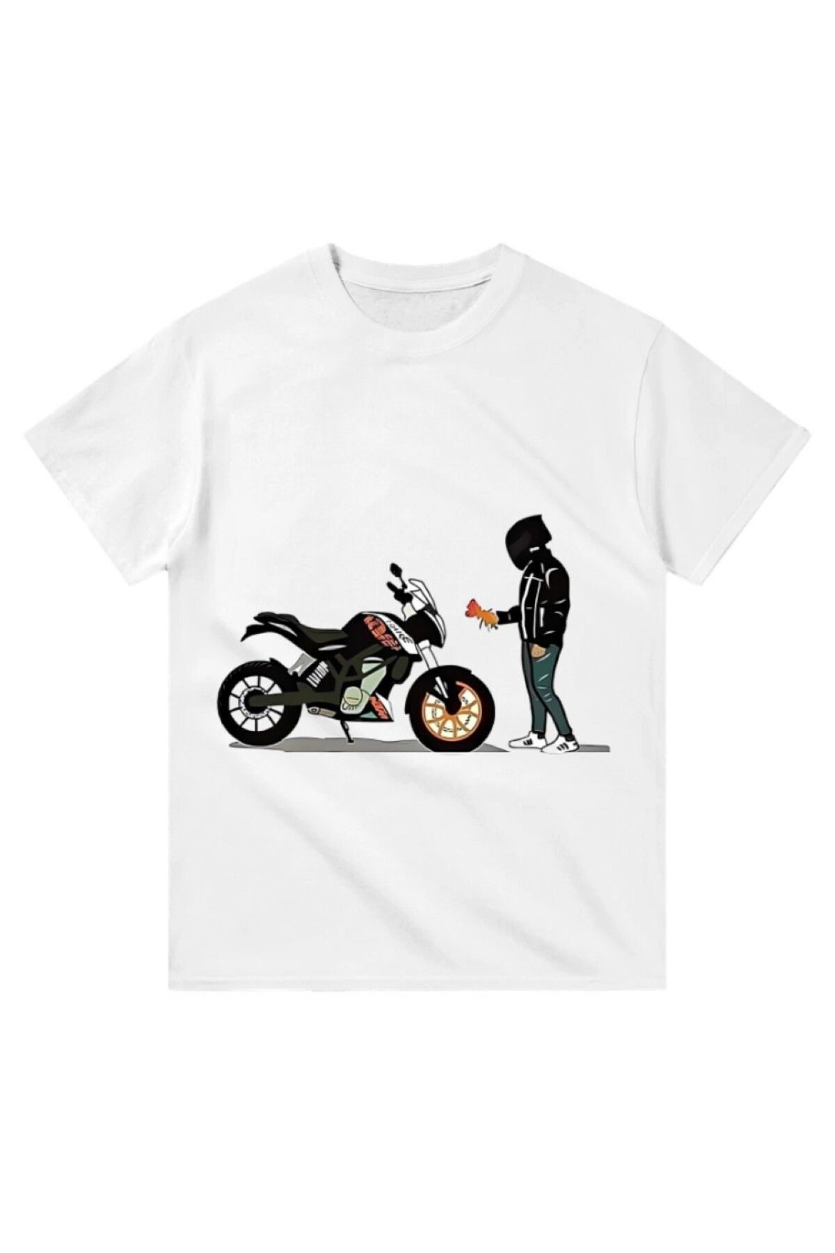 Cooqpoo Motorsiklet ve Adam Baskılı XS-S-M-L-XL-2XL Beden Kadın Erkek Unisex Pamuklu Beyaz Tshirt