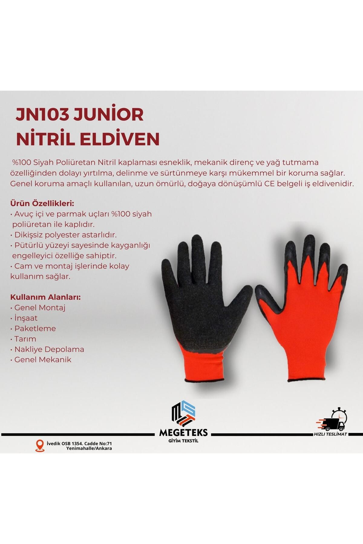 megeteks Junior JN103 Tırtıklı Kaydırma Önleyici Nitril İş Eldiveni