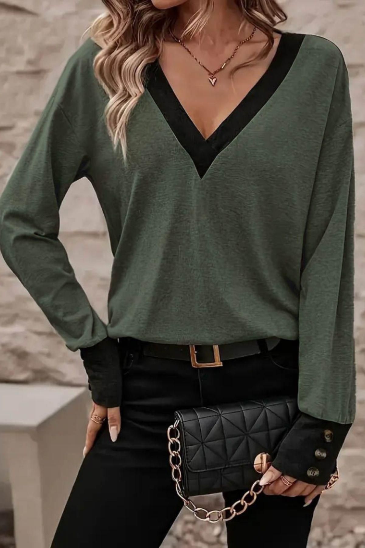 Mossta-Green Viscose Blouse - Wide V-Neck and Button Detail 1