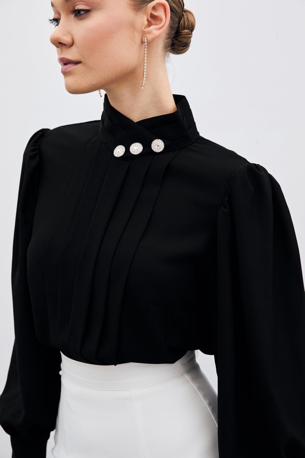 Sateen-Ribbed Detailed Blouse - Black 5