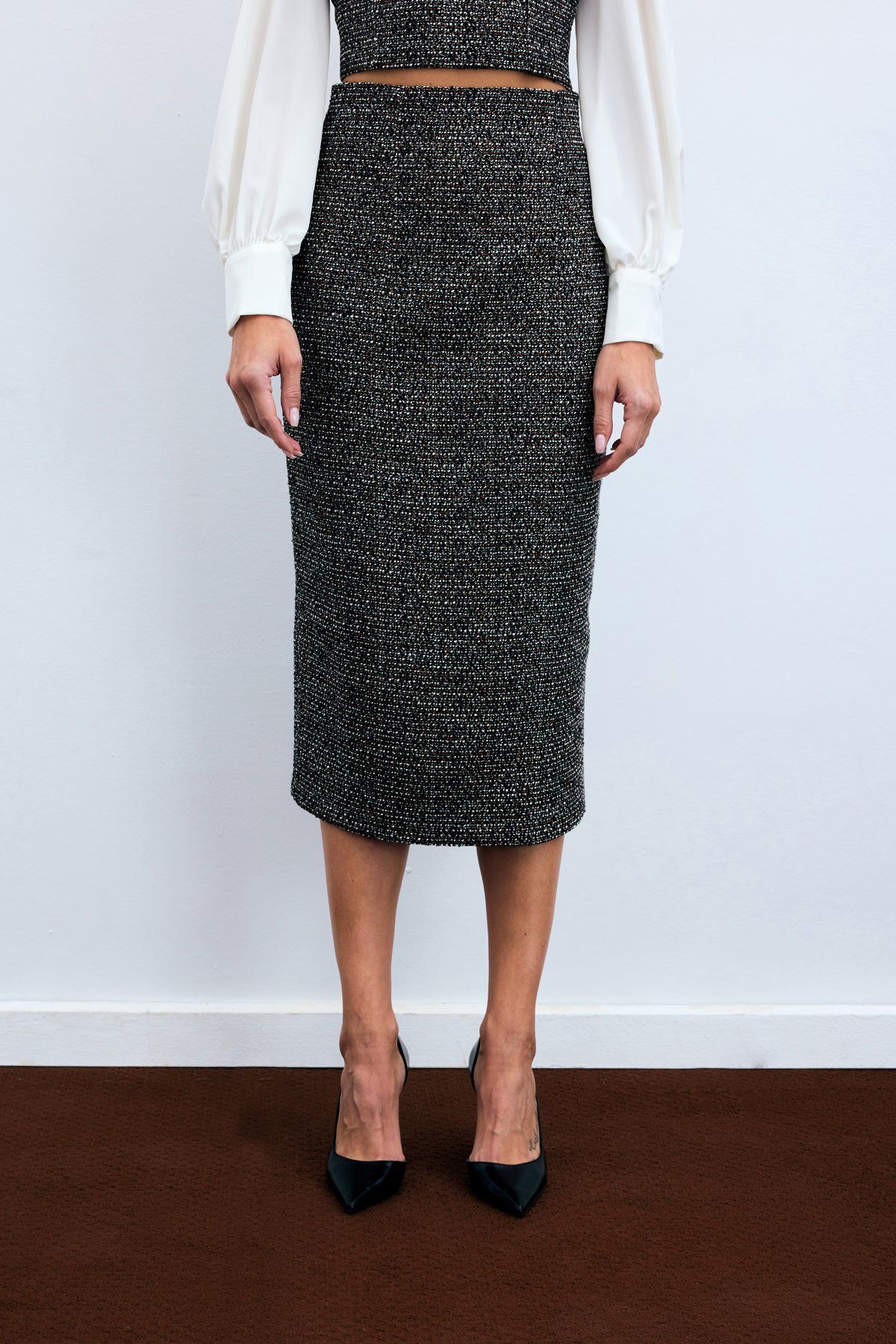 Sateen-Coffee Color Tweed Pencil Skirt 3