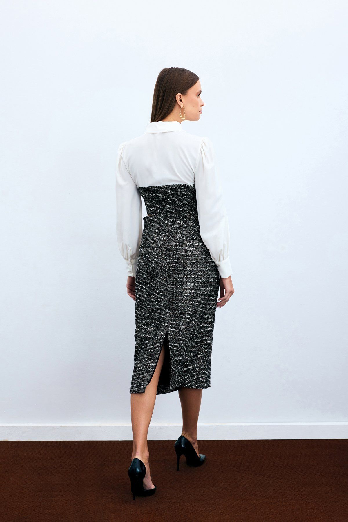 Sateen-Coffee Color Tweed Pencil Skirt 4