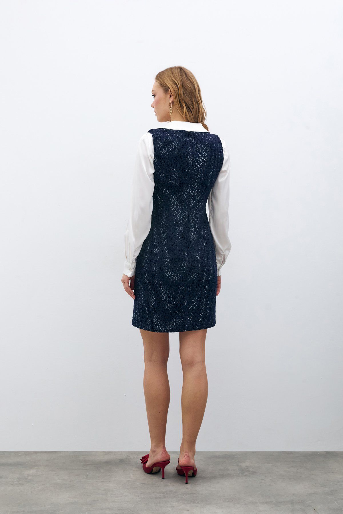Sateen-Mini Tweed Dress - Navy Blue 8