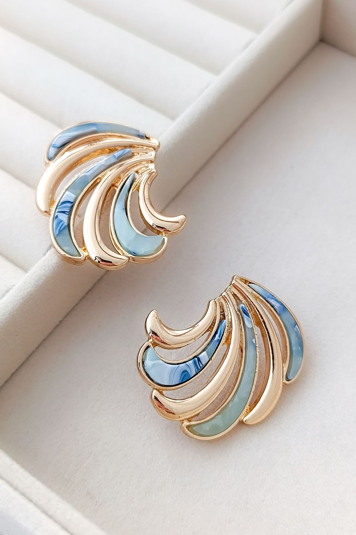 COSİTA-Blue Gold Waveform Stone Detail Modern Stylish Design Earrings 1