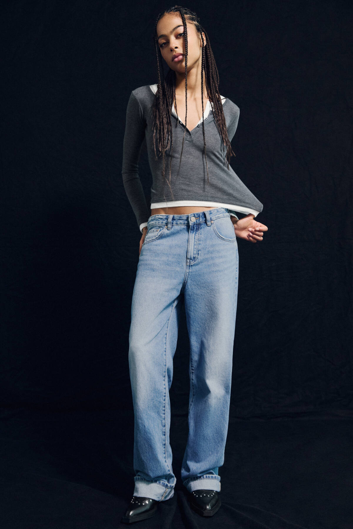 Pull & Bear Kıvrık paçalı straight baggy jean