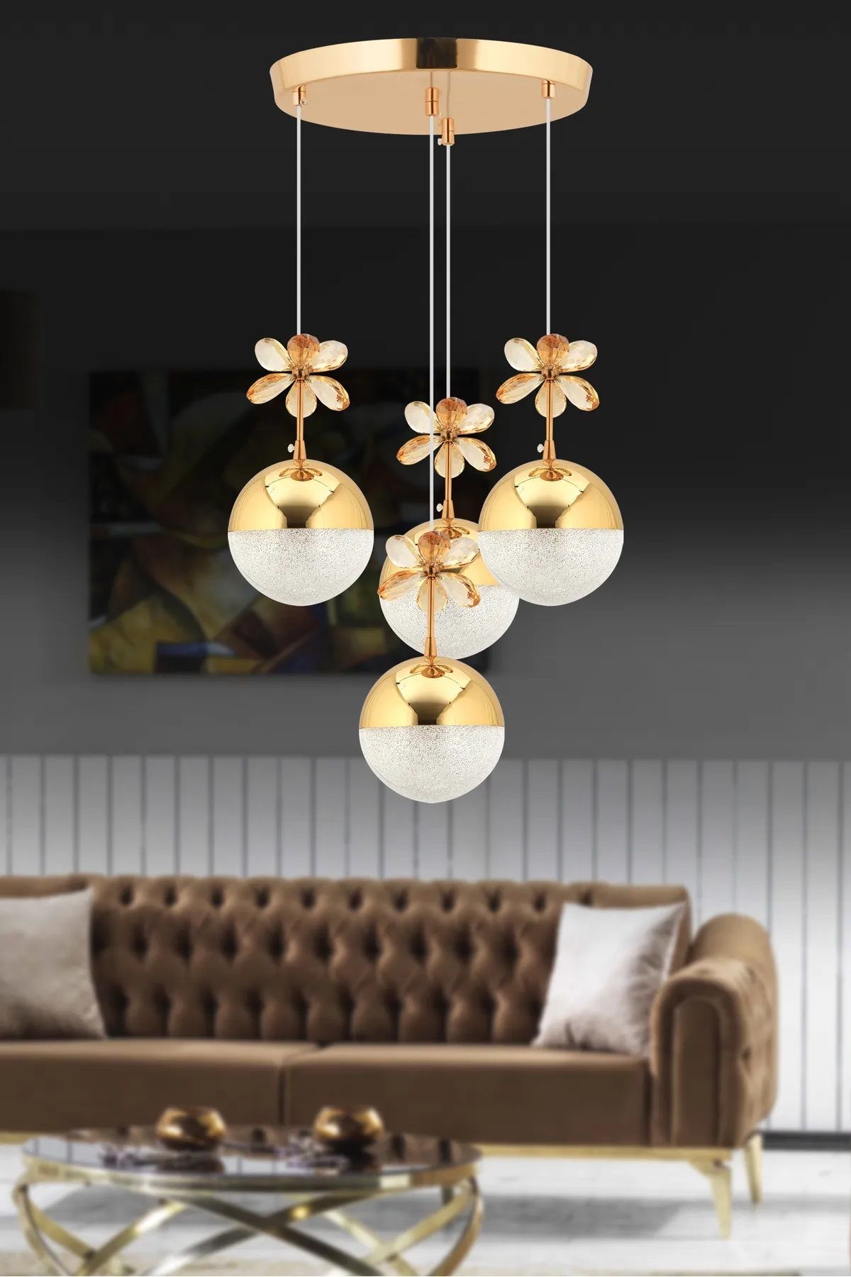 CRAFT HOME Kelebek 4'lü Gold 3 Renk Kademeli Sarkıt Ledli Kristal Taşlı Led Avize