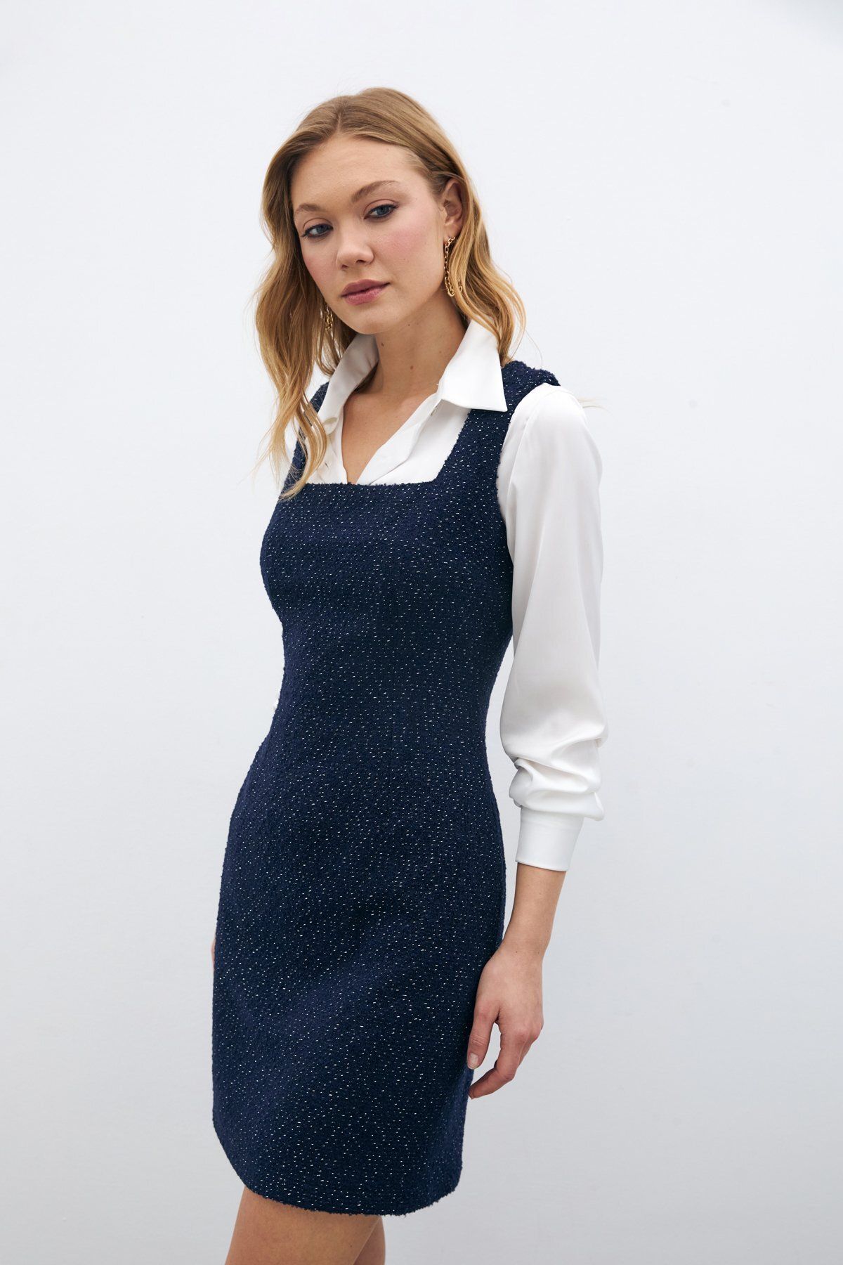 Sateen-Mini Tweed Dress - Navy Blue 4