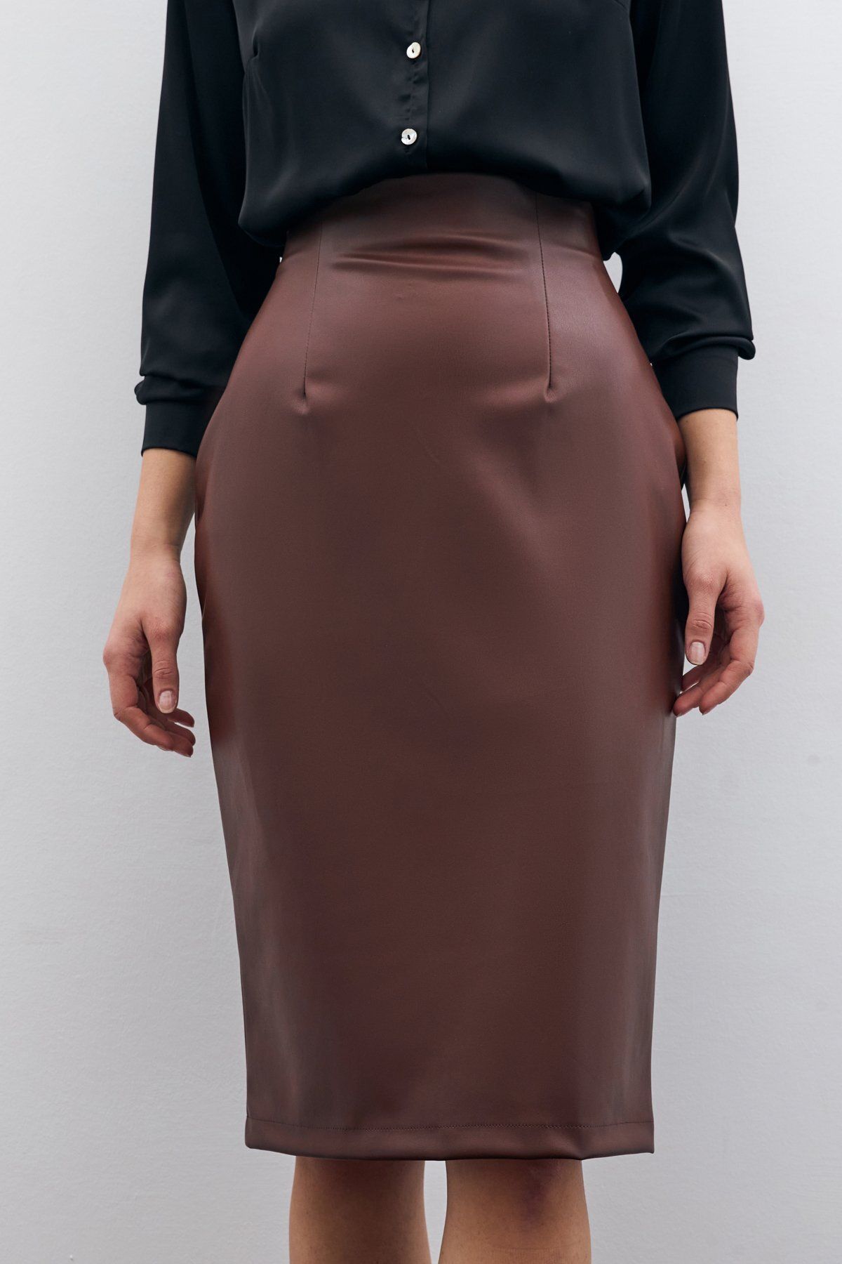 Sateen-Кафява кожена пола-молив 3