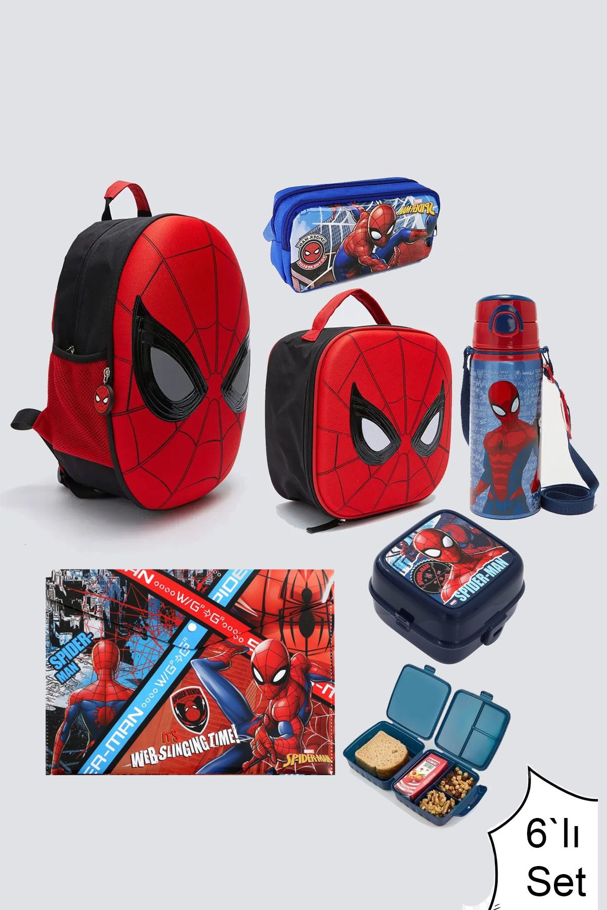 Disney Spiderman Premium Lisanslı ilkokul Çantası + Beslenme Çanta + Kalemkutusu +Metal Suluk + Kab + Dosya (6lı Set)