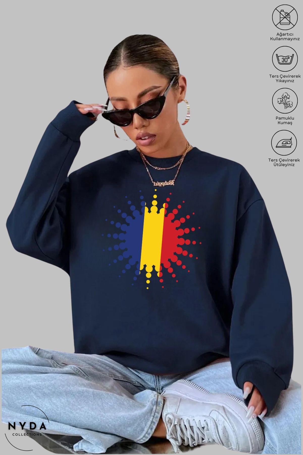 Nyda Collections Unisex Uzun Kollu Romania Baskılı Bisiklet Yaka Kapüşonsuz Şardonlu Oversize Sweatshirt