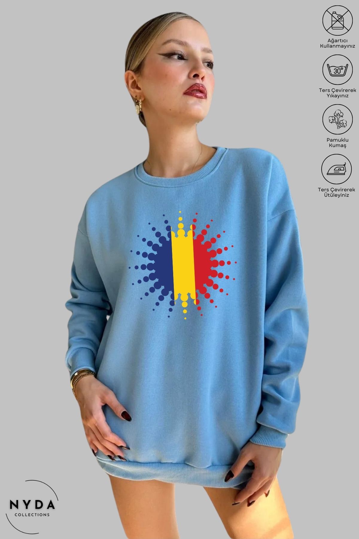 Nyda Collections Unisex Uzun Kollu Romania Baskılı Bisiklet Yaka Kapüşonsuz Şardonlu Oversize Sweatshirt