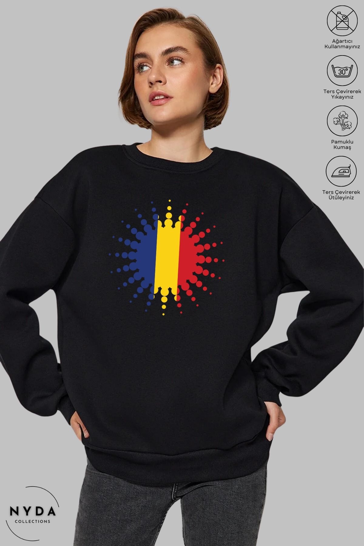 Nyda Collections Unisex Uzun Kollu Romania Baskılı Bisiklet Yaka Kapüşonsuz Şardonlu Oversize Sweatshirt