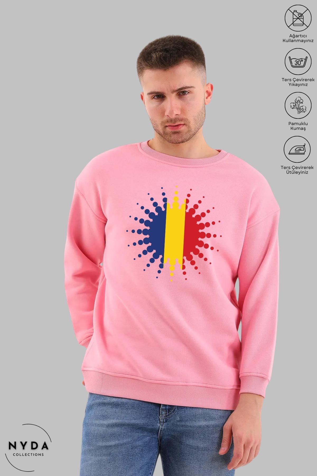 Nyda Collections Unisex Uzun Kollu Romania Baskılı Bisiklet Yaka Kapüşonsuz Şardonlu Oversize Sweatshirt