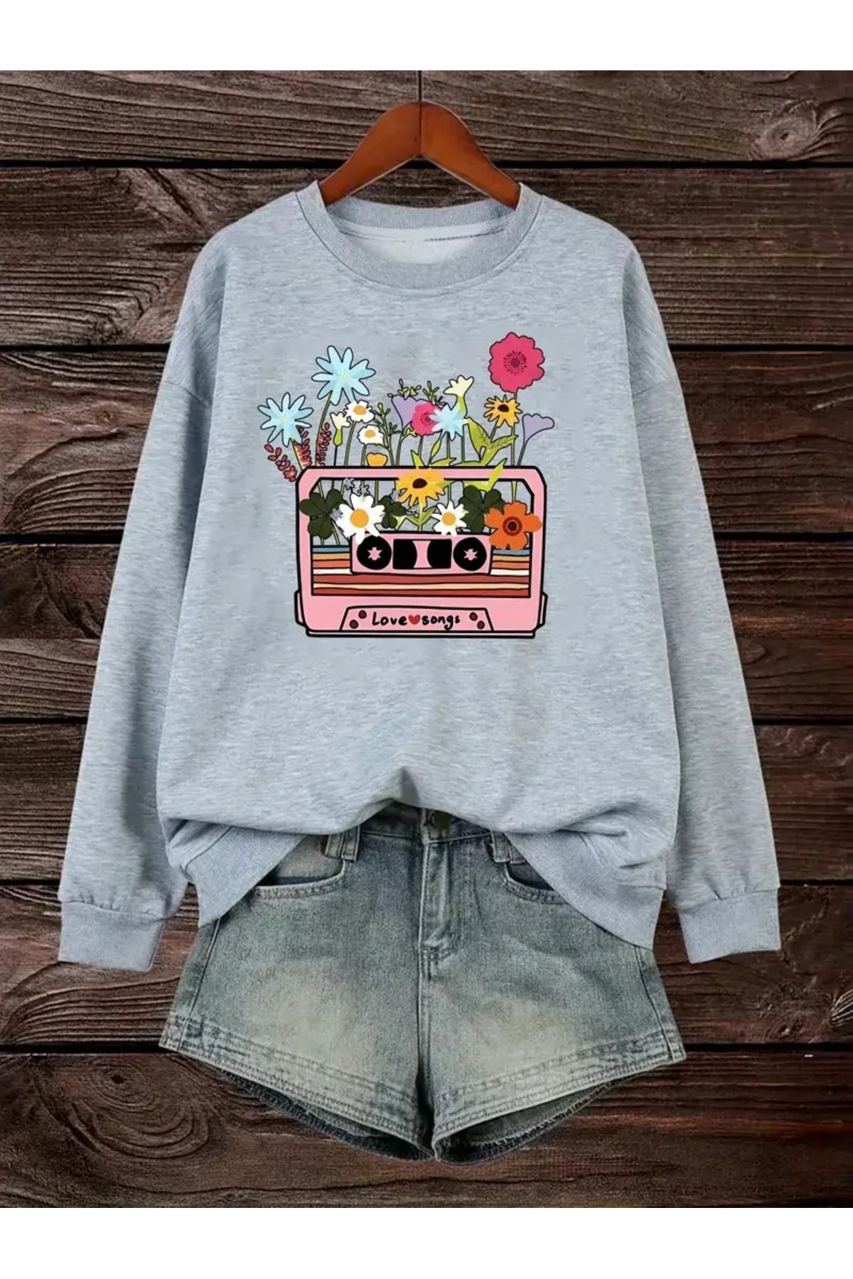 Demacia Kadın Gri Kaset Saksı Baskılı Bisiklet Yaka Oversize Sweatshirt