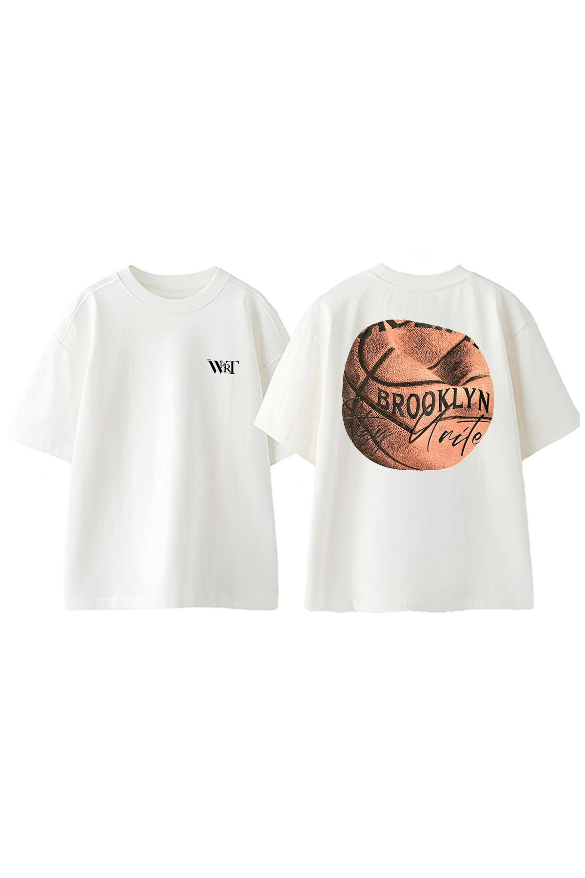 THEWERT Patlak Basket Topu Tasarım Sırt Baskılı Pamuk Beyaz Oversize T-shirt