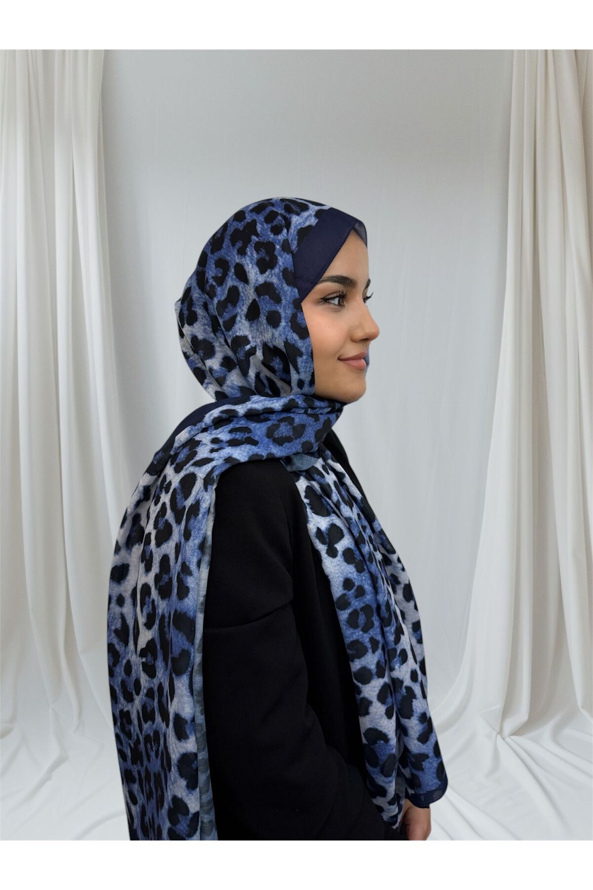 Scarf Lacivert Leopar Desenli Şal