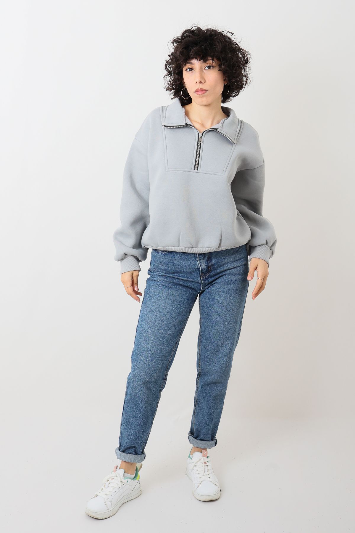 Butik Kadın Dik Yakalı Yarım fermuarlı Oversize Sweatshirt