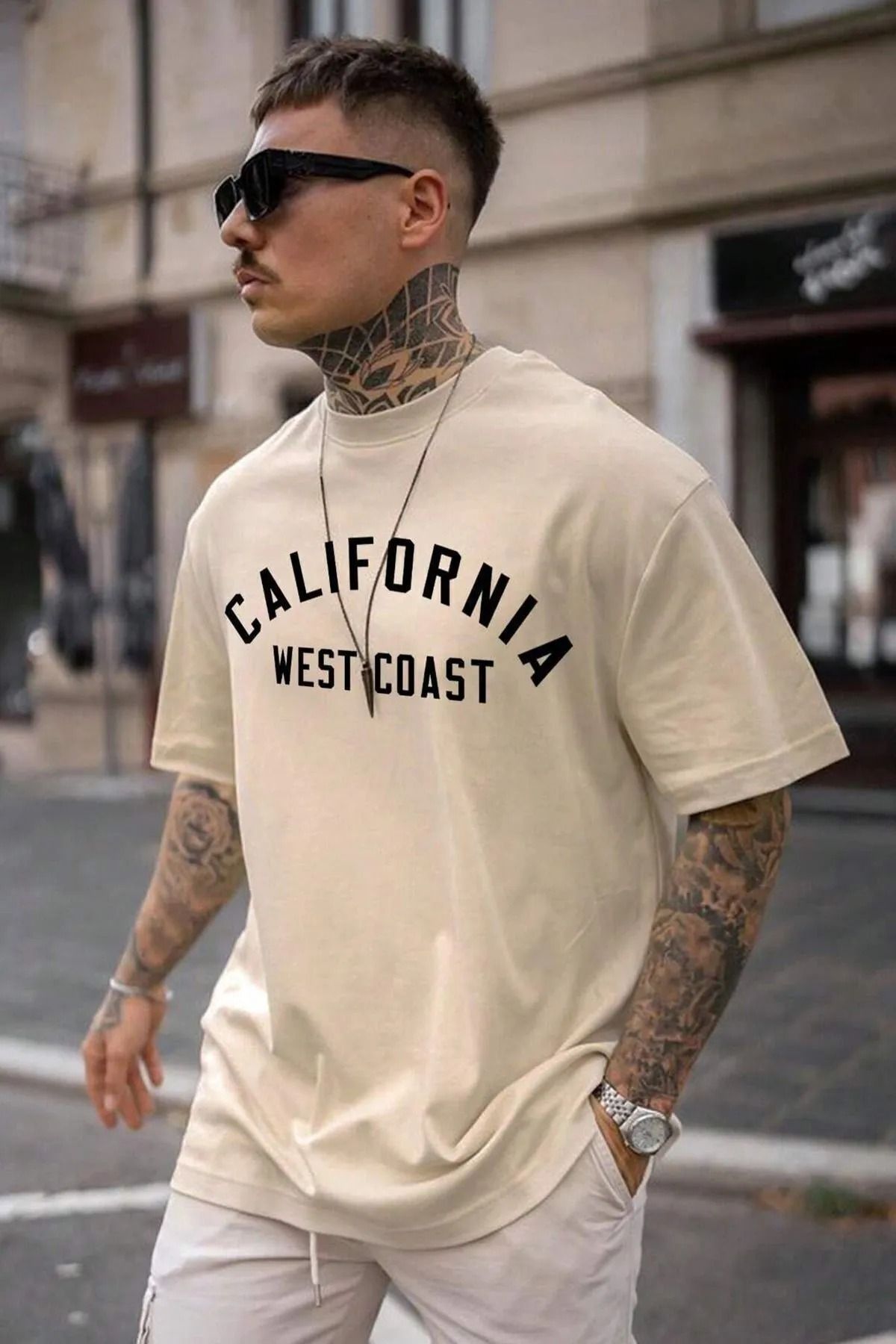 NO 601 Erkek Bej  California West Coast  Baskılı Oversize Tshirt