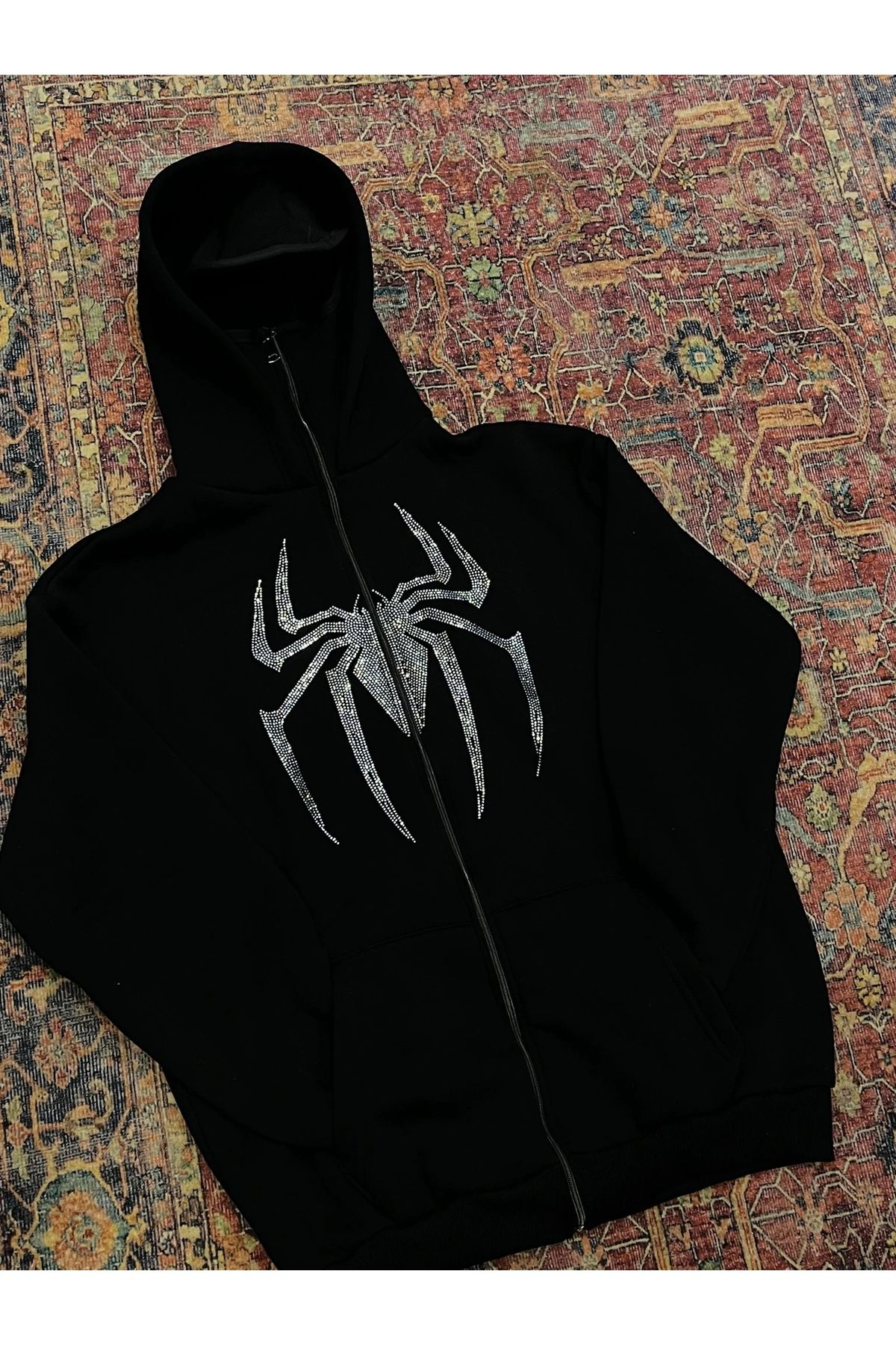 Violon Spider Örümcek Parıltılı Taşlı Maskeli Sweatshirt Hırka