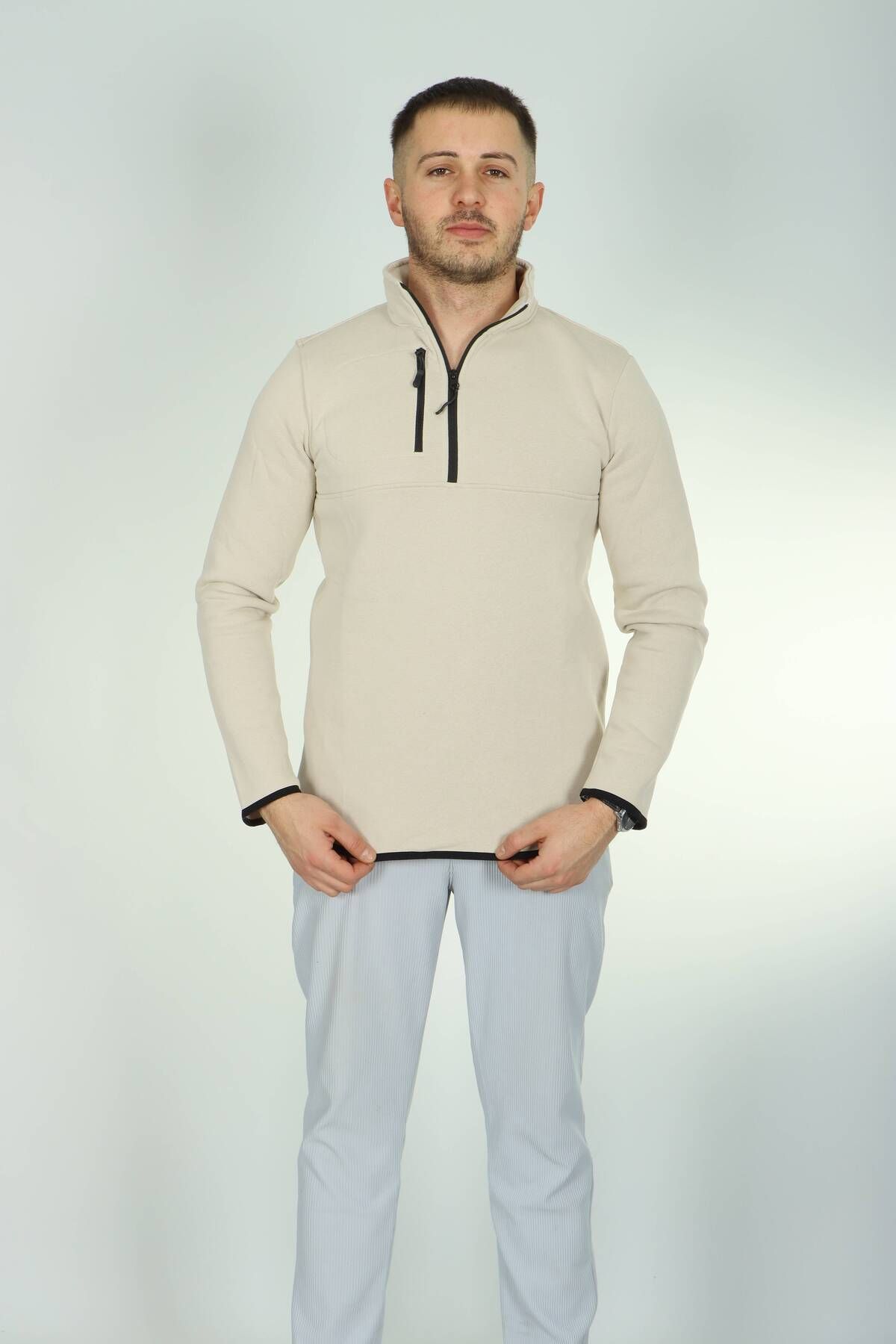 eg38 3 İp Cepli Yarım Fermuar Sweat Krem