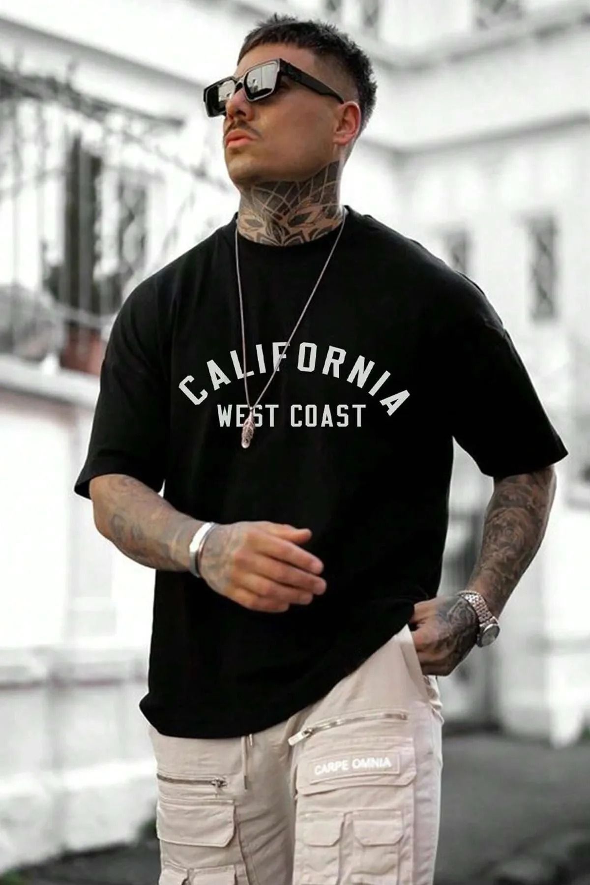 NO 601 Erkek Siyah California West Coast Baskılı Oversize Tshirt