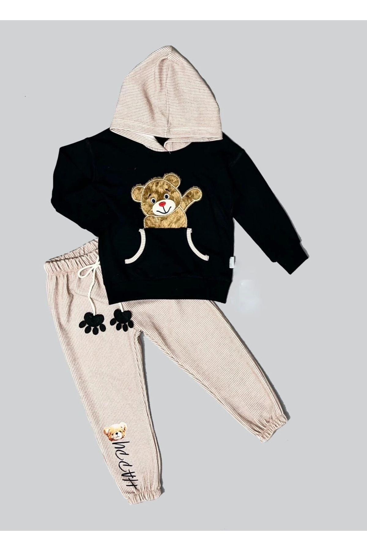 velmorafashion 2-3-4 Yaş Pelüş Ayı Desenli Kapşonlu Uzun Kollu Penye Sweat 2li Erkek Çocuk Takımı Siyah