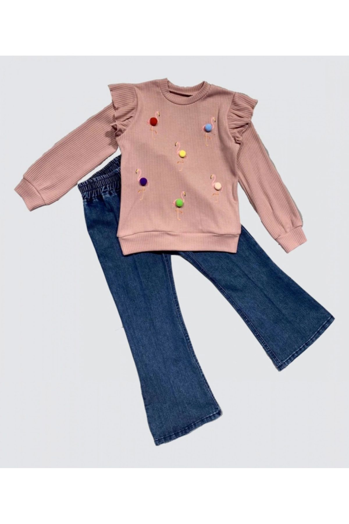velmorafashion 4-5-6 Yaş Kot Pantolonlu Flamingo Desenli Penye Sweat Uzun Kollu 2li Kız Çocuk Takımı Gül Kurusu