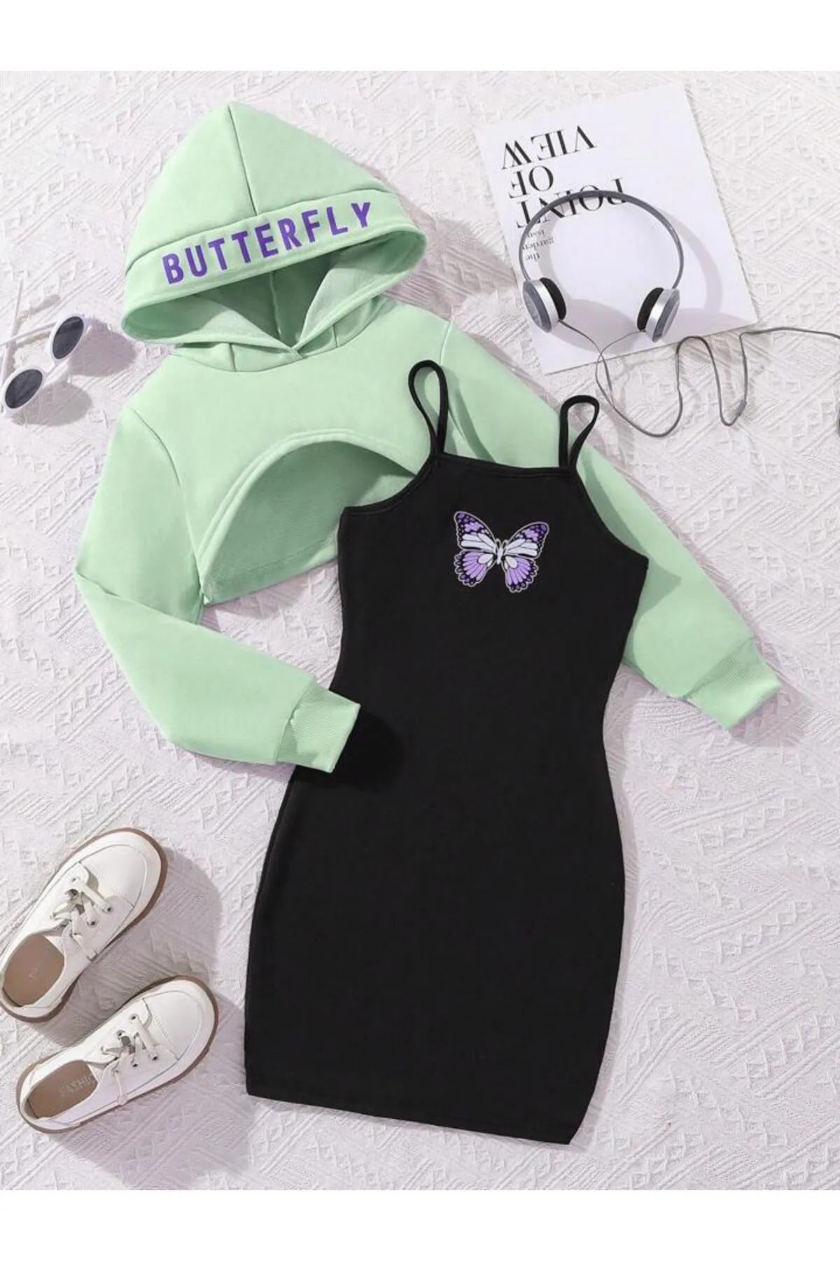 npLStore Çocuk Butterfly Baskılı Elbise & Crop Sweatshirt 2'li Kombin