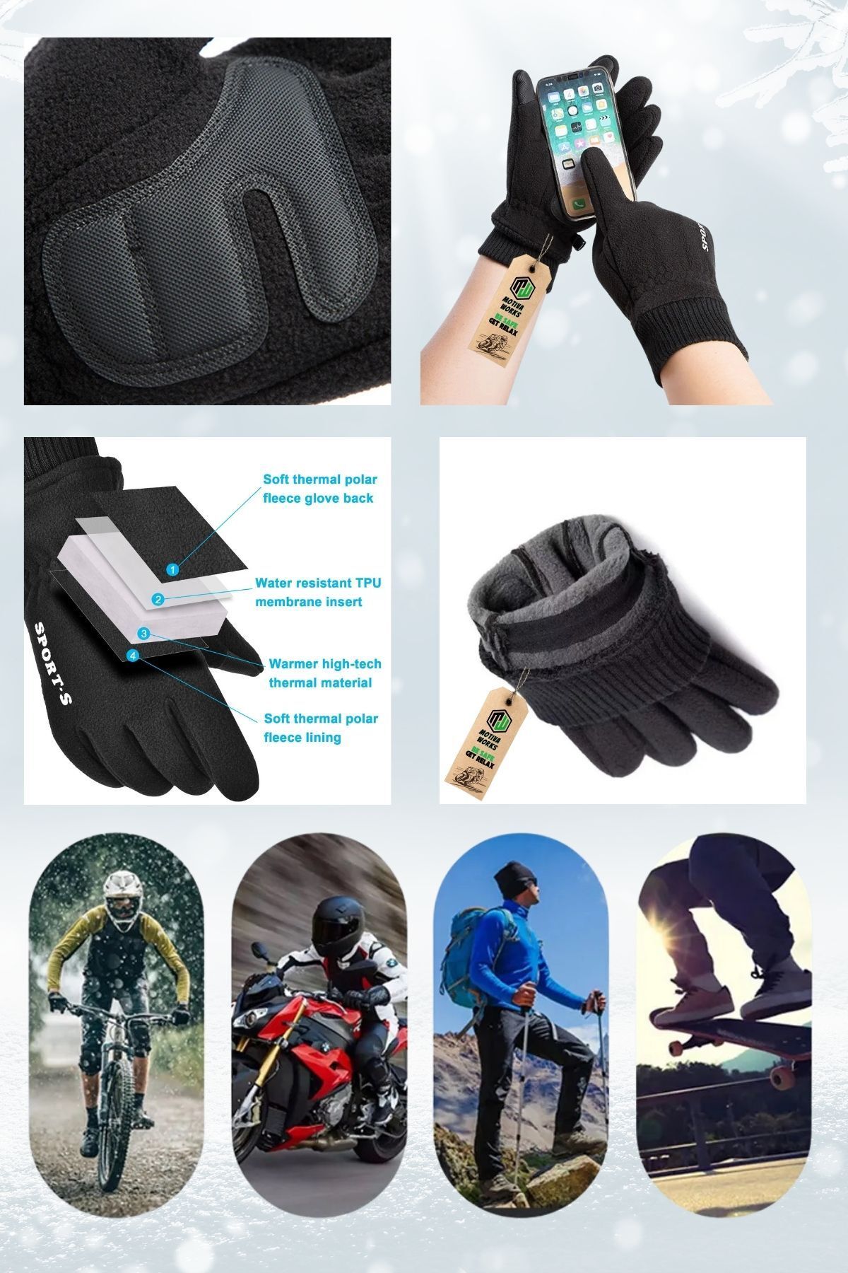 Motiva-Fleece Winter Gloves - Cycling, Motorcycle, Outdoor Camping, Cold Weather Touch 3