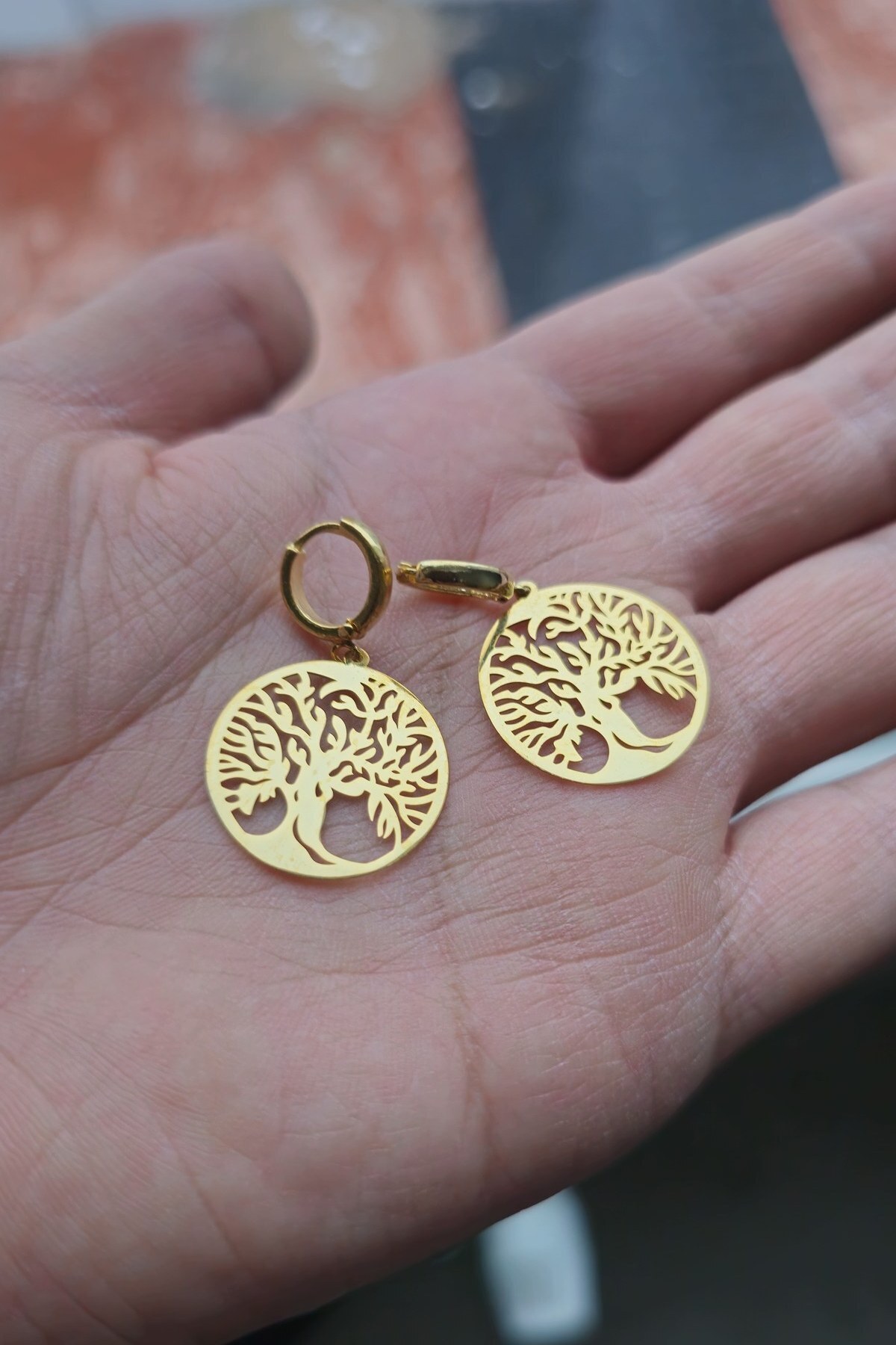 925 Ayar Gümüş 24 Ayar Altın Kaplama Hayat Ağacı Küpe - 1,5 cm