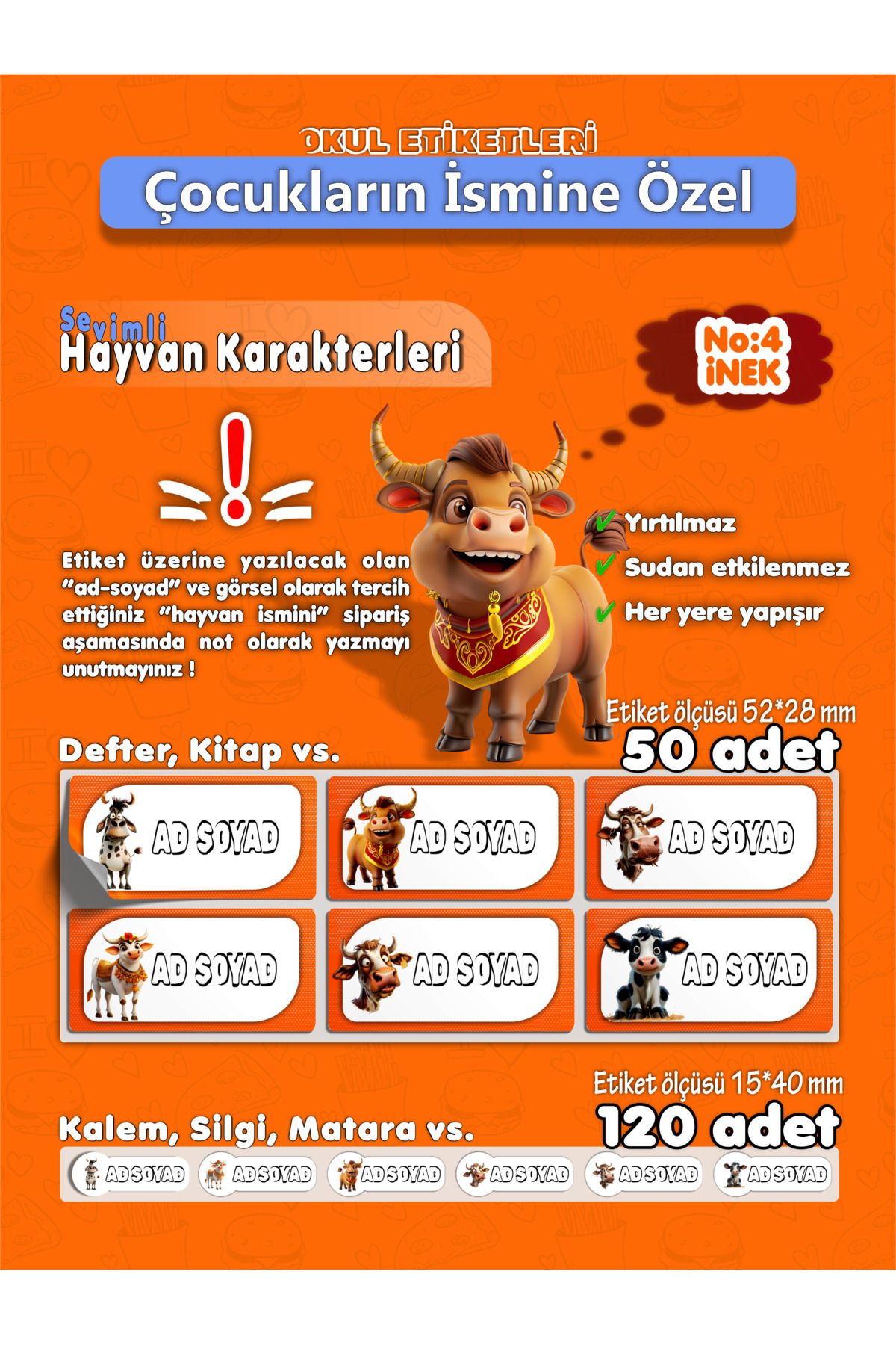 AGG Reklam İsme Özel Okul Etiket Seti (Sticker) No:2 İnek Toplam 170 Adet