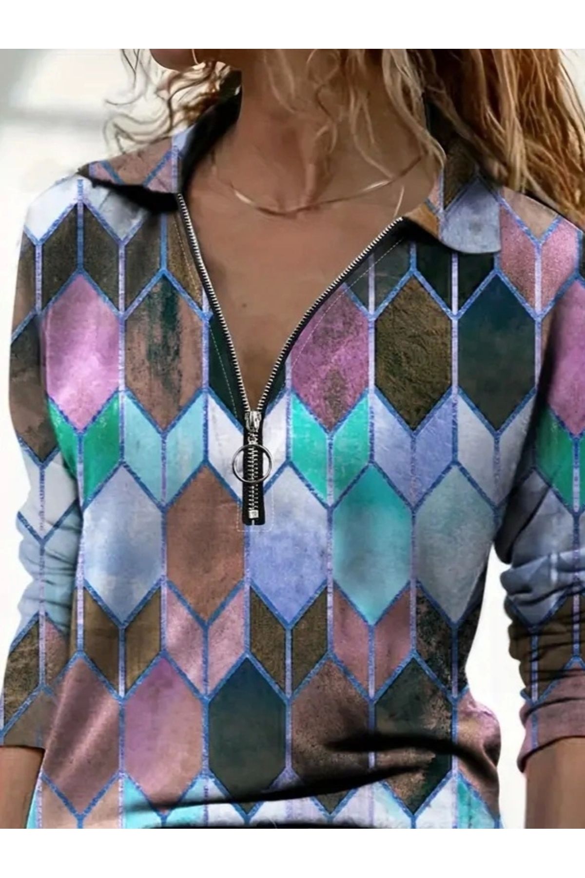 shurax-Women's Long Sleeve Shirt Collar Deciduous Zipper Honeycomb Pattern Digital Printing Micro Blouse 2