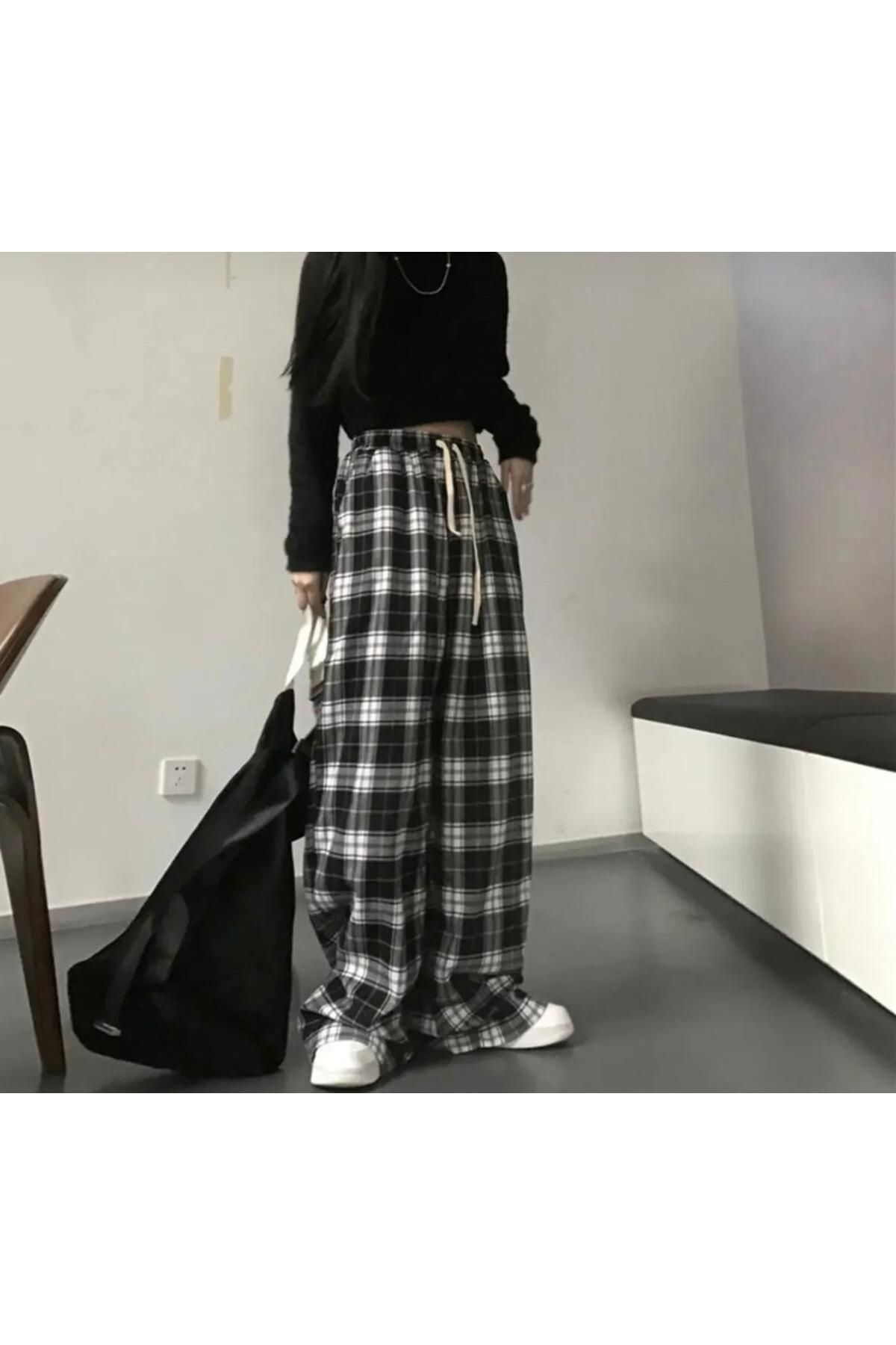 Butik Harajuku Kare Ekose Desenli  Siyah Unisex Rahat Kesim Pijama Eşofman Altı