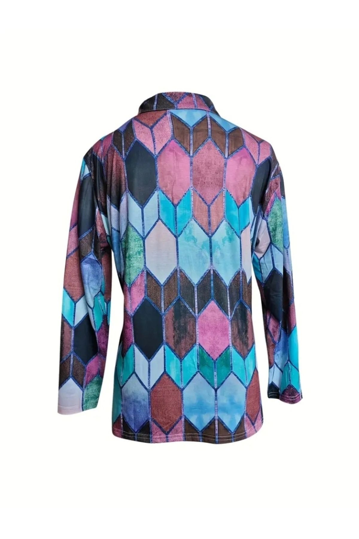 shurax-Women's Long Sleeve Shirt Collar Deciduous Zipper Honeycomb Pattern Digital Printing Micro Blouse 5
