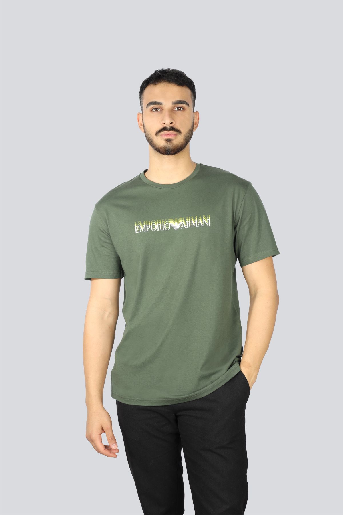 Emporio Armani Erkek Regular Fit Yuvarlak Yaka Önü Baskılı Kısa Kollu Yeşil T-Shirt EM000574 AF12349-F7009