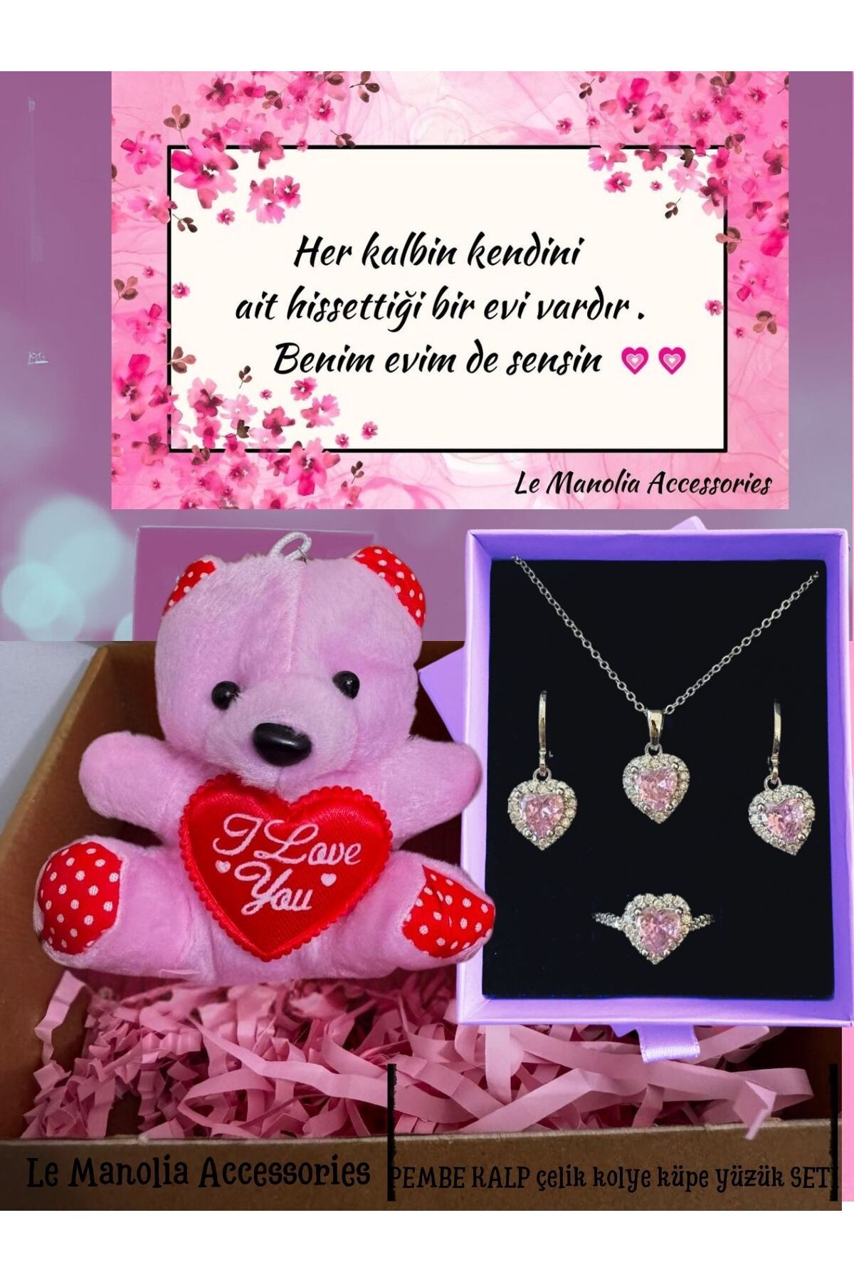 Le Manolia Accessories pembe ayıcıklı ve pembe çelik  kalp kolye küpe yüzük seti sevgililer günü hediyelik set