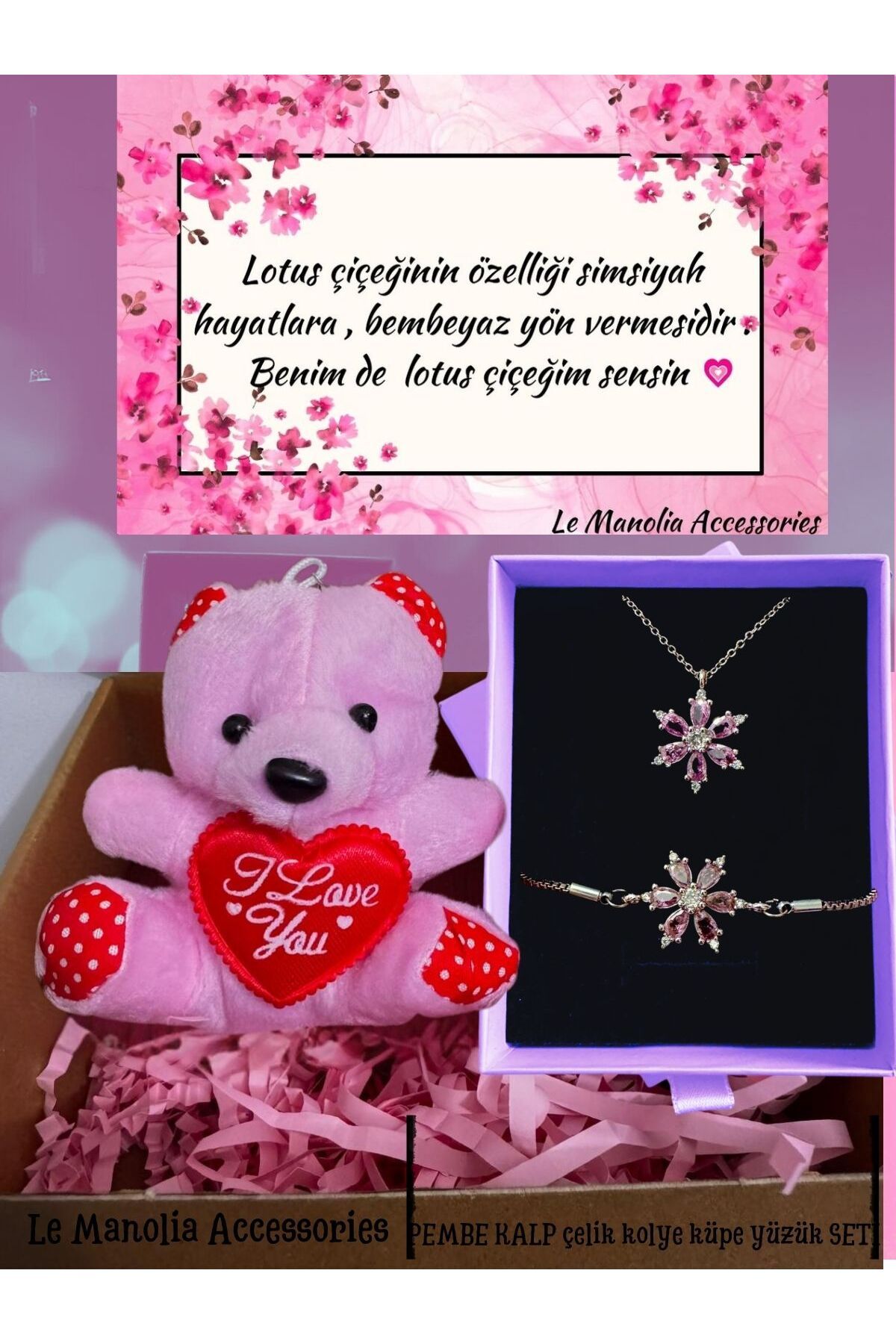 Le Manolia Accessories pembe love ayıcıklı çelik lotus kolye ve bileklik seti sevgililer günü özel hediye seti