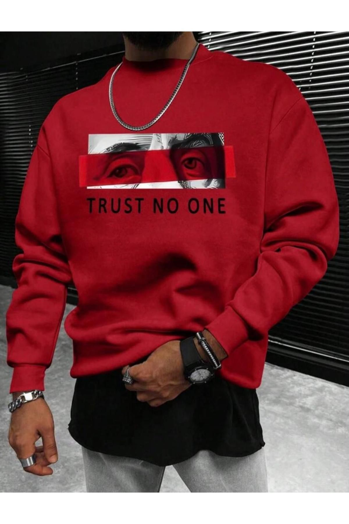 CAST COLLECTİON Erkek Kırmızı Turn No One Baskılı Rahat Kesim Bisiklet Yaka Sweatshirt